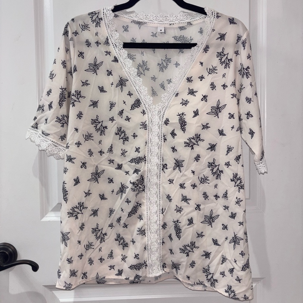 Sheer White Blouse beach swim coverup with Black Floral Pattern